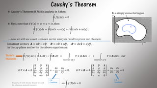 Cauchy’s Theorem
x
y
C
#. Cauchy′
s Theorem: If 𝑓 z is analytic in R then
𝐶
𝑓 𝑧 𝑑𝑧 = 0
#. First, note that if 𝑓 𝑧 = 𝑤 = 𝑢 + 𝑖𝑣, then
𝐶
𝑓 𝑧 𝑑𝑧 =
𝐶
(𝑢𝑑𝑥 − 𝑣𝑑𝑦) + 𝑖
𝐶
𝑣𝑑𝑥 + 𝑢𝑑𝑦 ;
….. 𝑛𝑜𝑤 𝑤𝑒 𝑤𝑖𝑙𝑙 𝑢𝑠𝑒 𝑎 𝑤𝑒𝑙𝑙 − 𝑘𝑛𝑜𝑤𝑛 𝑣𝑒𝑐𝑡𝑜𝑟 𝑎𝑛𝑎𝑙𝑦𝑠𝑖𝑠 𝑟𝑒𝑠𝑢𝑙𝑡 𝑡𝑜 𝑝𝑟𝑜𝑣𝑒 𝑜𝑢𝑟 𝑡ℎ𝑒𝑜𝑟𝑒𝑚:
R- a simply connected region
Construst vectors 𝐀 = 𝑢 𝒙 − 𝑣 𝒚, … 𝑩 = 𝑣 𝒙 + 𝑢 𝒚 , dr = 𝑑𝑥 𝒙 + 𝑑𝑦 𝒚 ,
in the 𝑥𝑦 plane and write the above equation as:
𝐶
𝑓(𝑧) 𝑑𝑧 =
𝐶
𝑨. 𝑑𝒓 + 𝑖
𝐶
𝑩. 𝑑𝒓 =
𝑖𝑛𝑡𝑒𝑟𝑖𝑜𝑟 𝑜𝑓 𝐶
𝛻 × 𝑨. 𝒛𝑑𝑆 + 𝑖
𝑖𝑛𝑡𝑒𝑟𝑖𝑜𝑟 𝑜𝑓 𝐶
𝛻 × 𝑩. 𝒛𝑑𝑆, 𝑏𝑢𝑡
𝒛. 𝛻 × 𝑨 = 𝒛.
𝒙 𝒚 𝒛
𝜕
𝜕𝑥
𝜕
𝜕𝑦
𝜕
𝜕𝑧
𝑢 −𝑣 0
= −
𝜕𝑣
𝜕𝑥
−
𝜕𝑢
𝜕𝑦
= 0, 𝒛. 𝛻 × 𝑩 = 𝒛.
𝒙 𝒚 𝒛
𝜕
𝜕𝑥
𝜕
𝜕𝑦
𝜕
𝜕𝑧
𝑣 𝑢 0
=
𝜕𝑢
𝜕𝑥
−
𝜕𝑣
𝜕𝑦
= 0
⟹
𝐶
𝑓 𝑧 𝑑𝑧 = 0
Stoke’s
theorem
C.R.
Condition
C.R.
ConditionProperty of Amit Amola. Should be used
for reference and with consent.
7
 