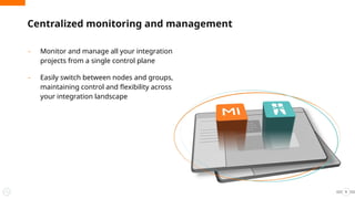 9
Centralized monitoring and management
- Monitor and manage all your integration
projects from a single control plane
- Easily switch between nodes and groups,
maintaining control and flexibility across
your integration landscape
 