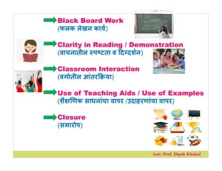 Black Board Work
(फलक लेखन काय)
Clarity in Reading / Demonstration
(वाचनातील प टता व द दशन)
Classroom Interaction
(वगातील आंतर या)
Use of Teaching Aids / Use of Examples
(शै णक साधनांचा वापर /उदाहरणांचा वापर)
Closure
(समारोप)
Asst. Prof. Dipak Khakal
 