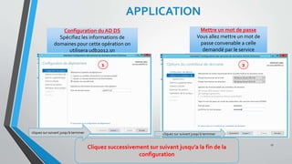 APPLICATION
Configuration du AD DS
Spécifiez les informations de
domaines pour cette opération on
utilisera udb2012.sn
Mettre un mot de passe
Vous allez mettre un mot de
passe convenable a celle
demandé par le service
Cliquez successivement sur suivant jusqu’a la fin de la
configuration
cliquez sur suivant jusqu’à terminer cliquez sur suivant jusqu’à terminer
17
1 2
 