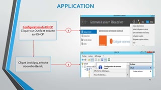APPLICATION
Configuration du DHCP
Cliquer sur Outils et ensuite
sur DHCP
Clique droit ipv4 ensuite
nouvelle étendu
19
1
2
 