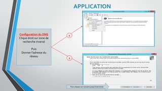 APPLICATION
Configuration du DNS
Clique droit sur zone de
recherche inversé
Puis
Donner l’adresse du
réseau
Puis cliquez sur suivant jusqu’à terminer
22
1
2
 