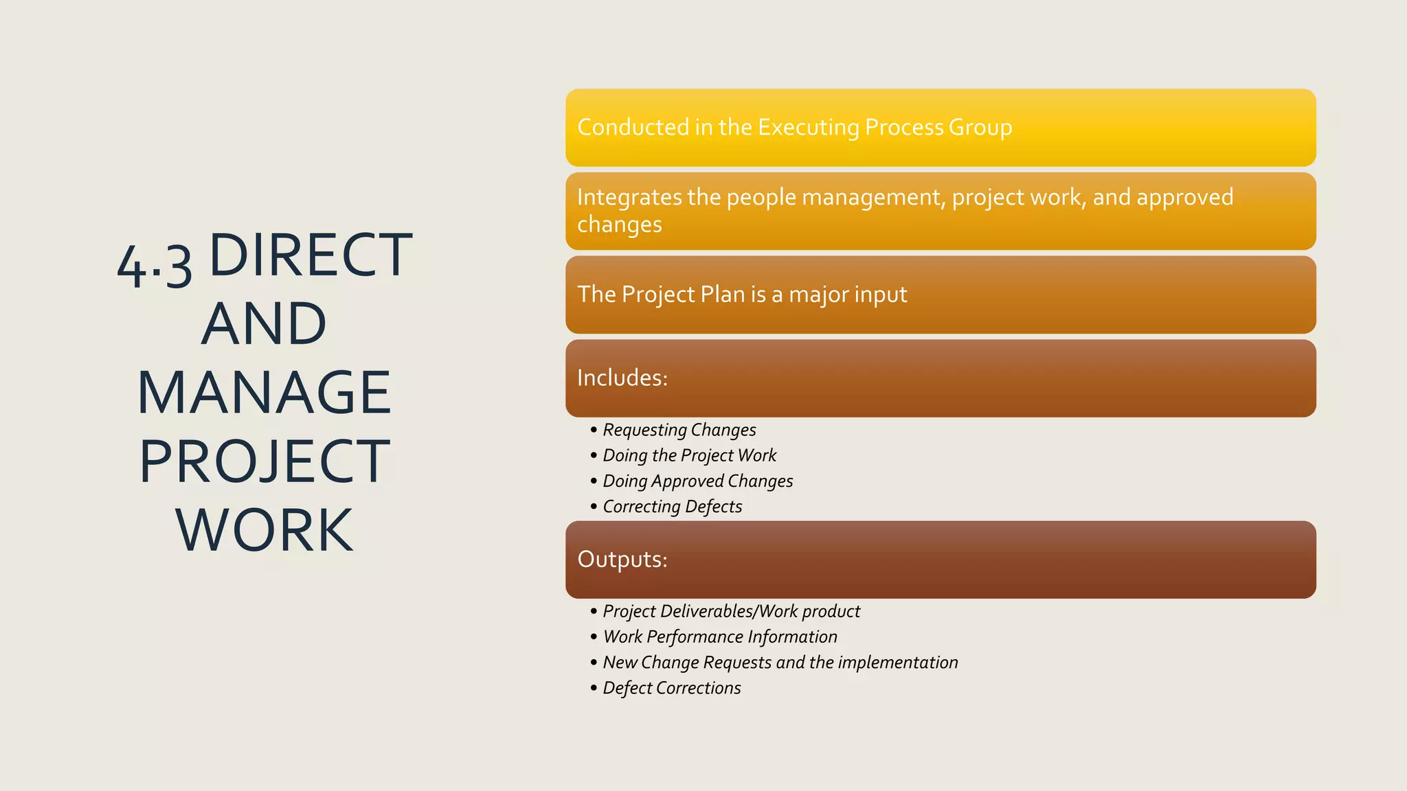 4.3 DIRECT
AND
MANAGE
PROJECT
WORK
Conducted in the Executing Process Group
Integrates the people management, project work, and approved
changes
The Project Plan is a major input
Includes:
• Requesting Changes
• Doing the Project Work
• Doing Approved Changes
• Correcting Defects
Outputs:
• Project Deliverables/Work product
• Work Performance Information
• New Change Requests and the implementation
• Defect Corrections
 