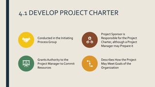 4.1 DEVELOP PROJECT CHARTER
Conducted in the Initiating
Process Group
Project Sponsor is
Responsible for the Project
Charter, although a Project
Manager may Prepare it
GrantsAuthority to the
Project Manager to Commit
Resources
Describes How the Project
May Meet Goals of the
Organization
 