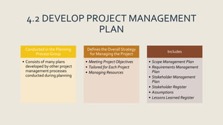 4.2 DEVELOP PROJECT MANAGEMENT
PLAN
Conducted in the Planning
Process Group
• Consists of many plans
developed by other project
management processes
conducted during planning
Defines the Overall Strategy
for Managing the Project
• Meeting Project Objectives
• Tailored for Each Project
• Managing Resources
Includes
• Scope Management Plan
• Requirements Management
Plan
• Stakeholder Management
Plan
• Stakeholder Register
• Assumptions
• Lessons Learned Register
 