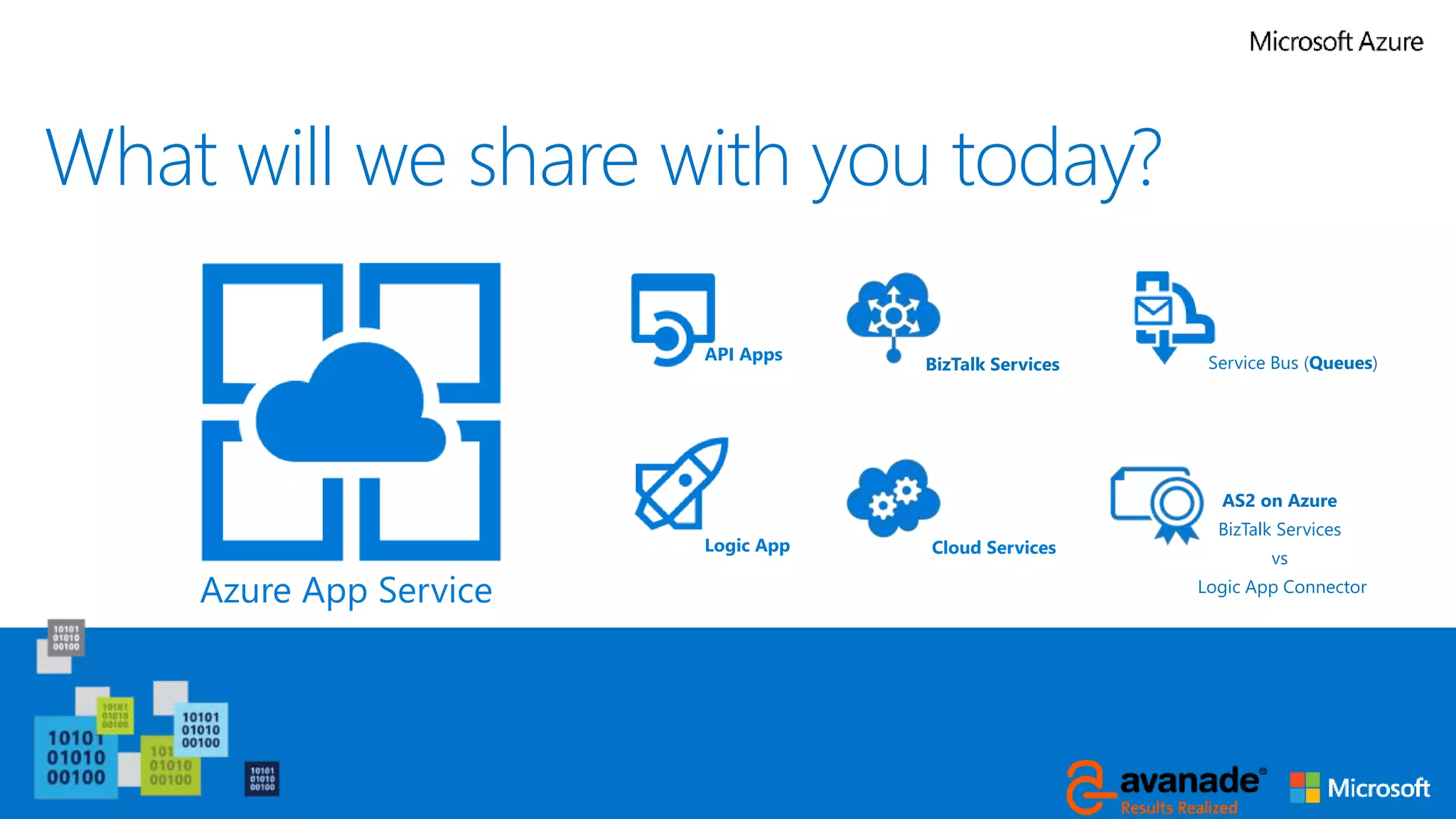 What will we share with you today?
Azure App Service
API Apps
Logic App
BizTalk Services
Cloud Services
Service Bus (Queues)
AS2 on Azure
BizTalk Services
vs
Logic App Connector
 