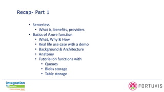 Recap- Part 1
• Serverless
• What is, benefits, providers
• Basics of Azure function
• What, Why & How
• Real life use case with a demo
• Background & Architecture
• Anatomy
• Tutorial on functions with
• Queues
• Blobs storage
• Table storage
 