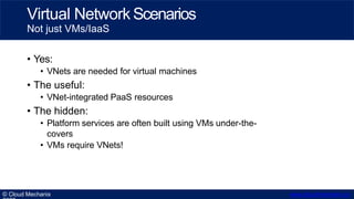 • Yes:
• VNets are needed for virtual machines
• The useful:
• VNet-integrated PaaS resources
• The hidden:
• Platform ser...