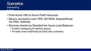 • From Azure VMs to Azure PaaS resources
• Secure connection over VPN, SD-WAN, ExpressRoute
via VNet Gateway
• Services sh...