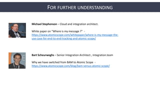 FOR FURTHER UNDERSTANDING
Bart Scheurweghs – Senior Integration Architect , Integration.team
Why we have switched from BAM to Atomic Scope -
https://www.atomicscope.com/blog/bam-versus-atomic-scope/
Michael Stephenson – Cloud and integration architect.
White paper on “Where is my message ?” -
https://www.atomicscope.com/whitepaper/where-is-my-message-the-
use-case-for-end-to-end-tracking-and-atomic-scope/
 