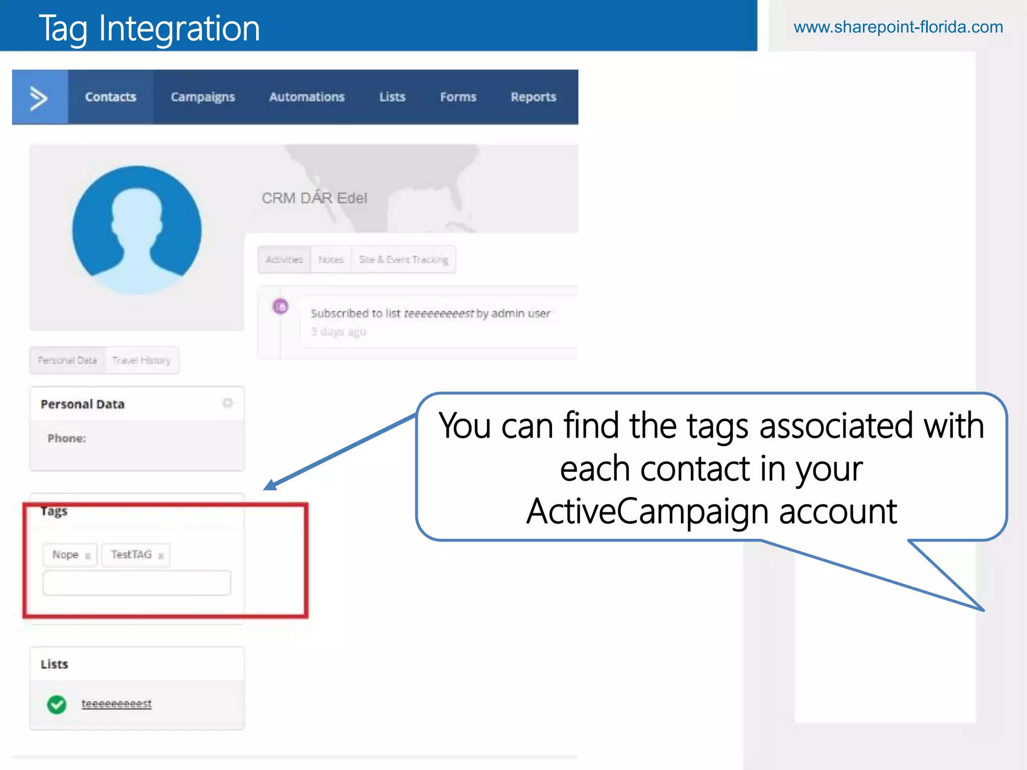 www.sharepoint-florida.comTag Integration
You can find the tags associated with
each contact in your
ActiveCampaign account
 