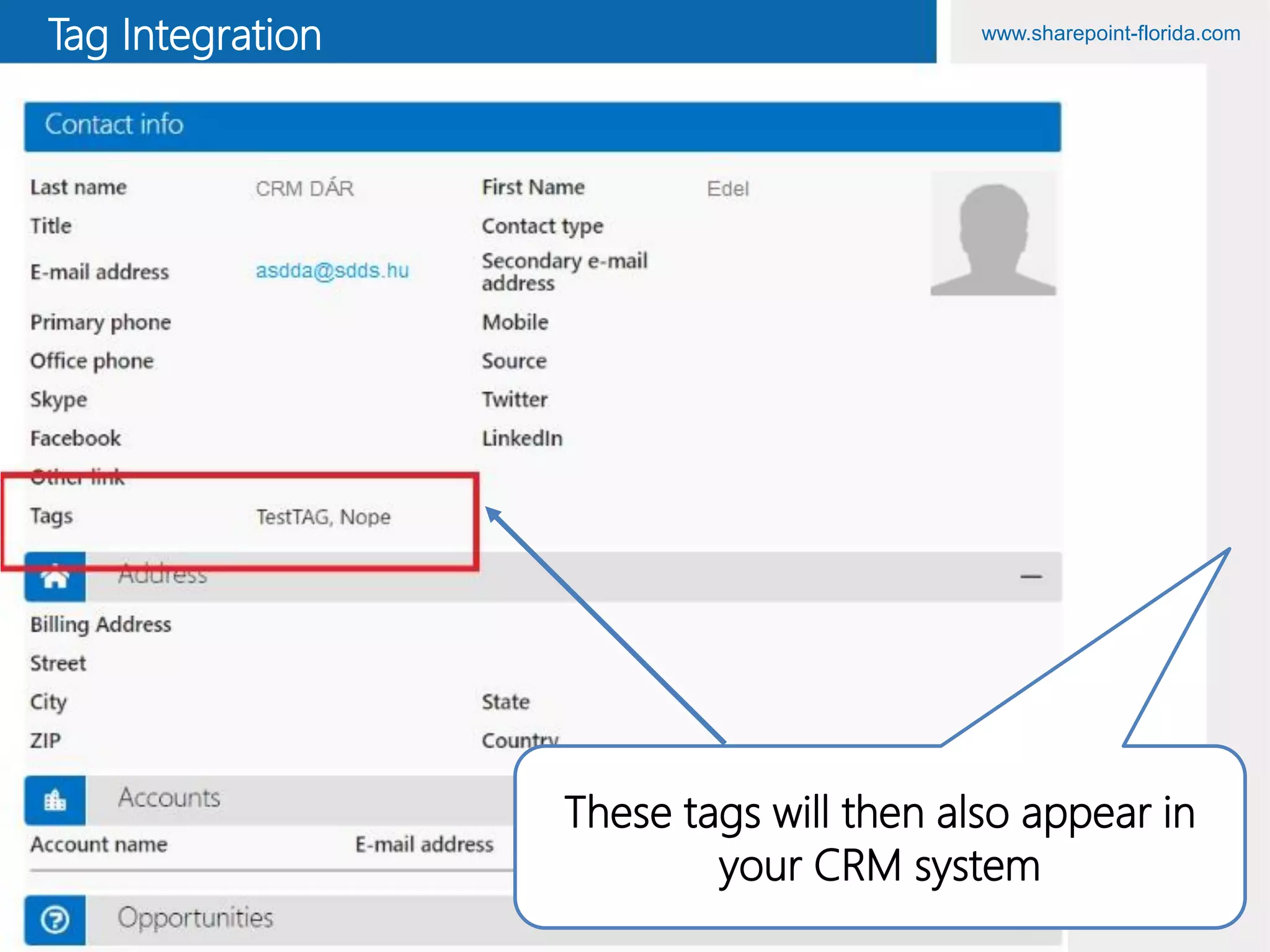www.sharepoint-florida.comTag Integration
These tags will then also appear in
your CRM system
 