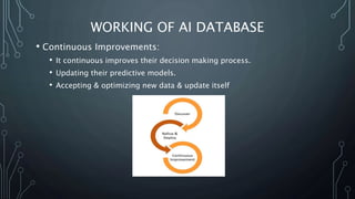 WORKING OF AI DATABASE
• Continuous Improvements:
• It continuous improves their decision making process.
• Updating their...