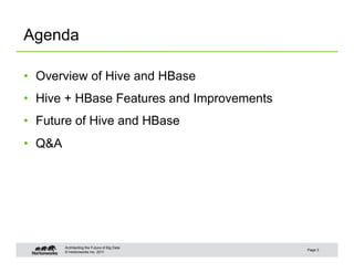 Agenda

•  Overview of Hive and HBase
•  Hive + HBase Features and Improvements
•  Future of Hive and HBase
•  Q&A




   ...
