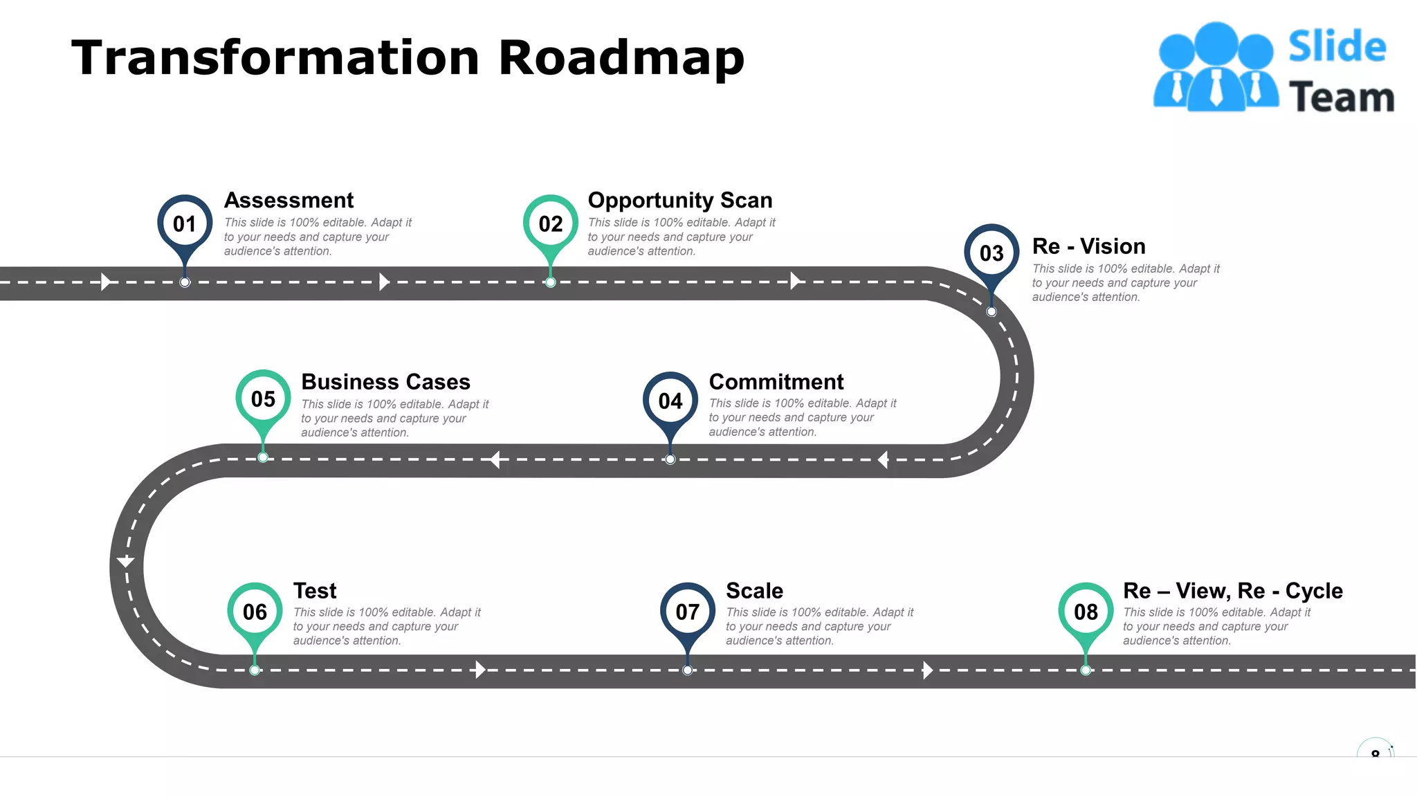 Transformation Roadmap
8
01 02
04
05
03
06 07 08
Test
This slide is 100% editable. Adapt it
to your needs and capture your
audience's attention.
Scale
This slide is 100% editable. Adapt it
to your needs and capture your
audience's attention.
Re – View, Re - Cycle
This slide is 100% editable. Adapt it
to your needs and capture your
audience's attention.
Assessment
This slide is 100% editable. Adapt it
to your needs and capture your
audience's attention.
Opportunity Scan
This slide is 100% editable. Adapt it
to your needs and capture your
audience's attention. Re - Vision
This slide is 100% editable. Adapt it
to your needs and capture your
audience's attention.
Commitment
This slide is 100% editable. Adapt it
to your needs and capture your
audience's attention.
Business Cases
This slide is 100% editable. Adapt it
to your needs and capture your
audience's attention.
 