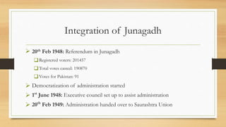 Integration of Junagadh
 20th Feb 1948: Referendum in Junagadh
Registered voters: 201457
Total votes casted: 190870
Votes for Pakistan: 91
 Democratization of administration started
 1st
June 1948: Executive council set up to assist administration
 20th
Feb 1949: Administration handed over to Saurashtra Union
 