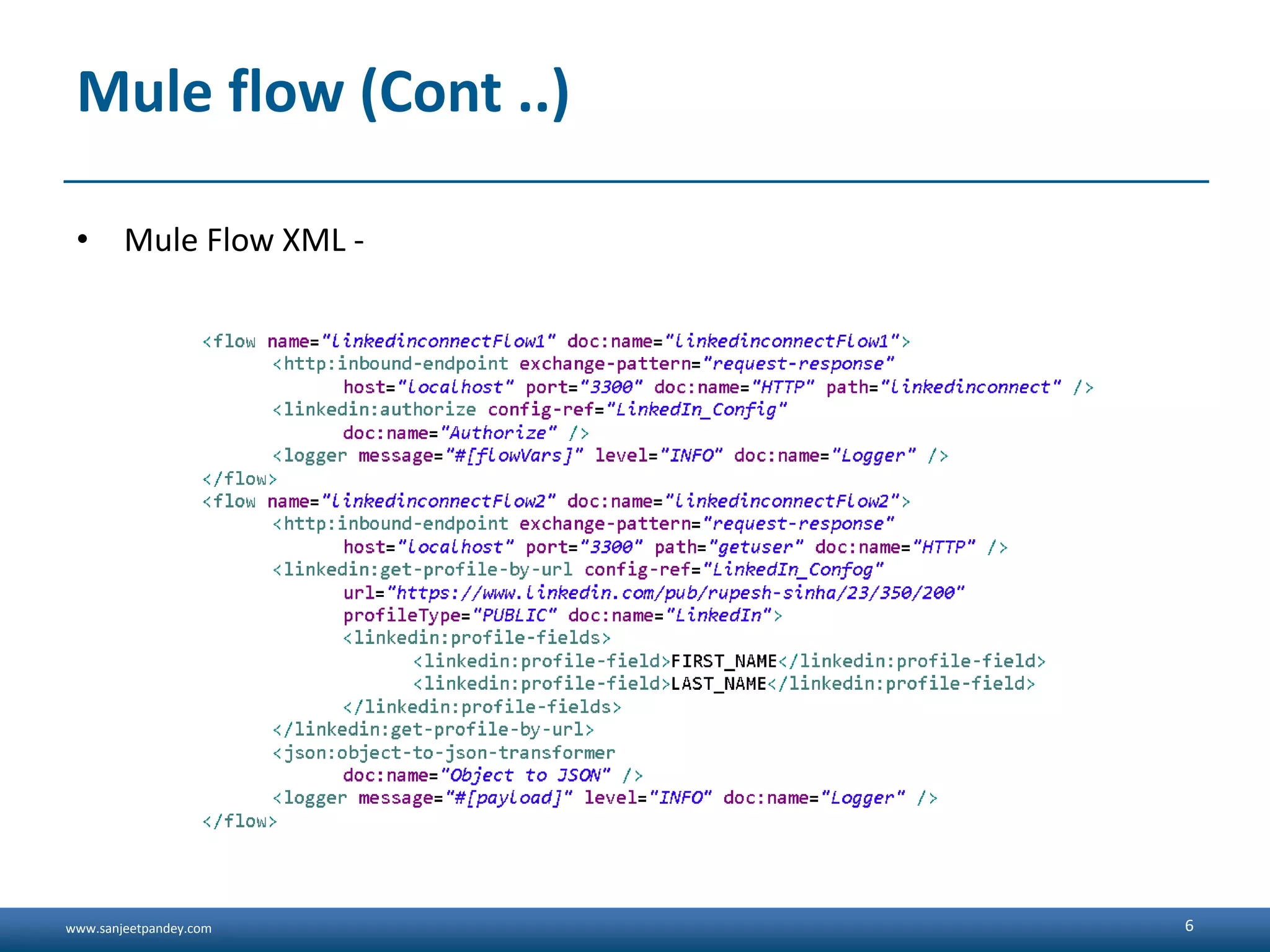 www.sanjeetpandey.com Mule flow (Cont ..) 6 • Mule Flow XML - 