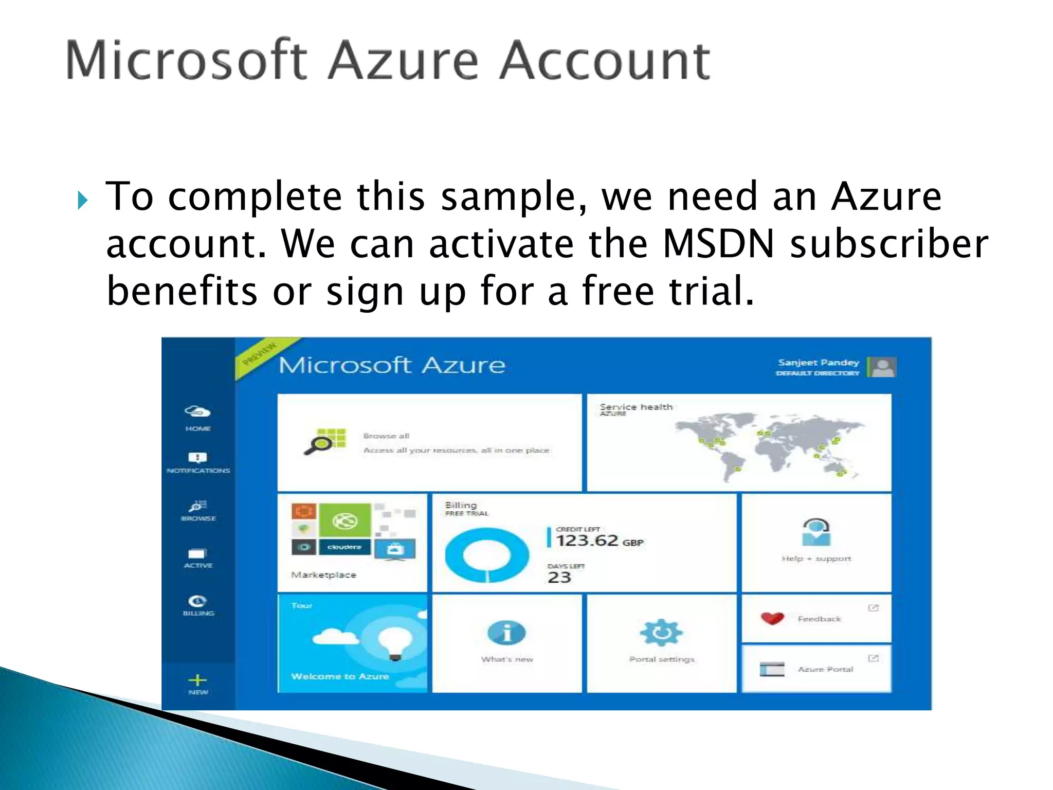  To complete this sample, we need an Azure
account. We can activate the MSDN subscriber
benefits or sign up for a free trial.
 