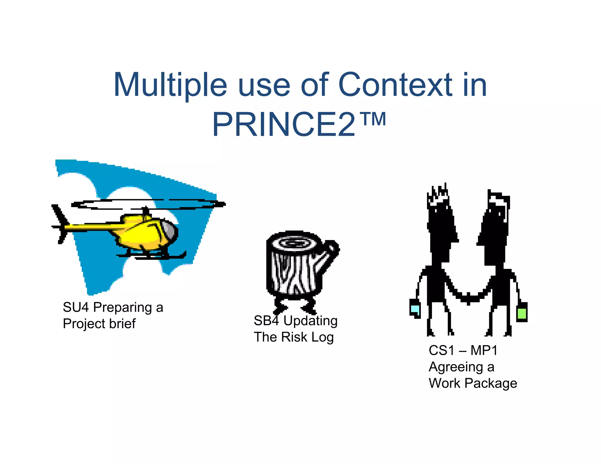 Multiple use of Context in
              PRINCE2™




SU4 Preparing a
Project brief     SB4 Updating
                  The Risk Log
                                 CS1 – MP1
                                 Agreeing a
                                 Work Package
 