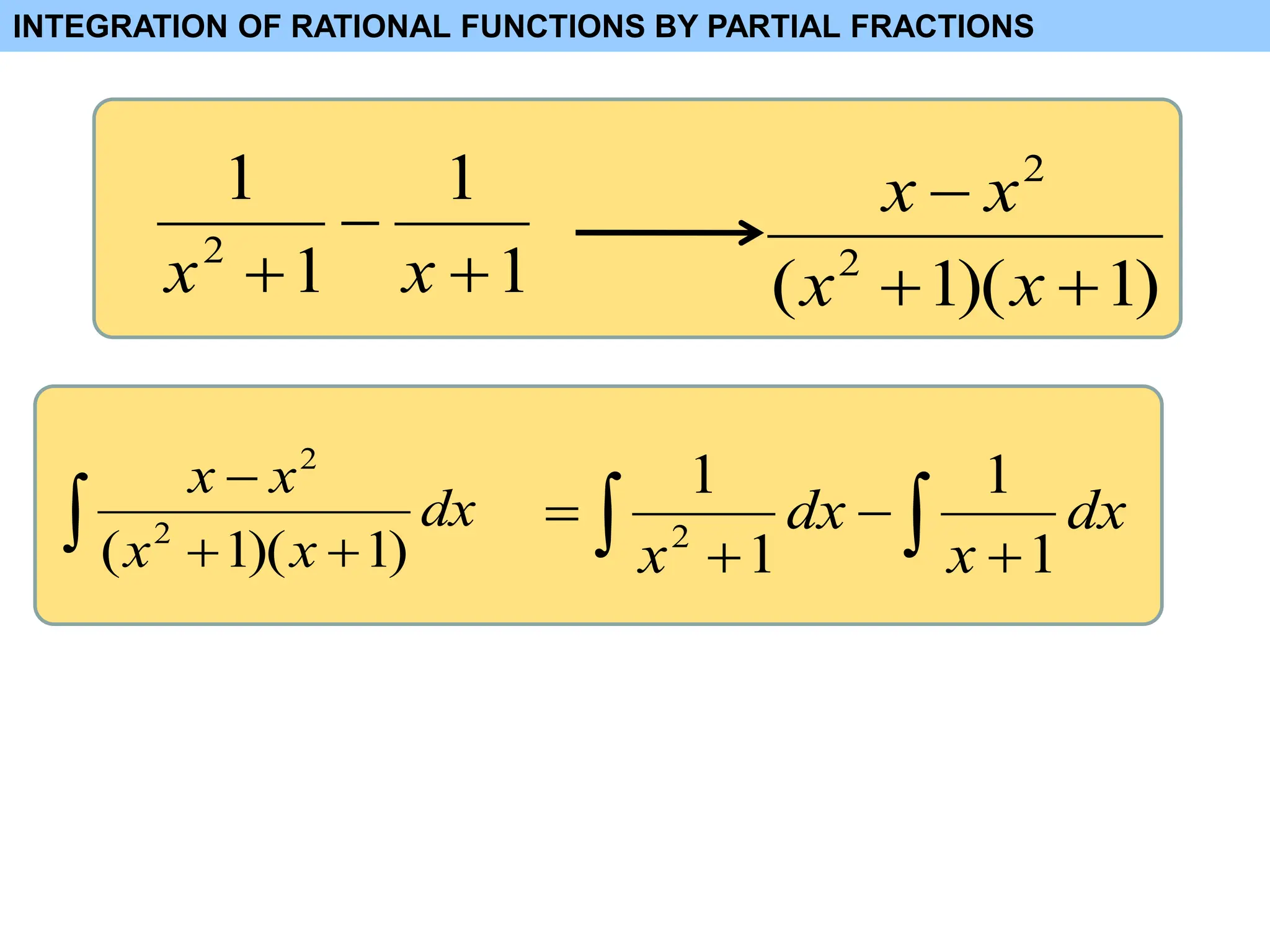 1
1
1
1
2


 x
x )
1
)(
1
( 2
2



x
x
x
x
INTEGRATION OF RATIONAL FUNCTIONS BY PARTIAL FRACTIONS
 


dx
x
x
x
x
)
1
)(
1
( 2
2

 


 dx
x
dx
x 1
1
1
1
2
 