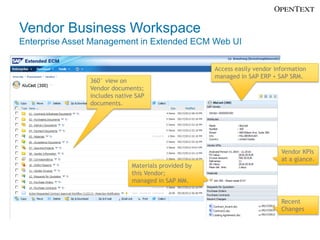 Vendor Business Workspace
Enterprise Asset Management in Extended ECM Web UI

                                                     Access easily vendor information
                                                     managed in SAP ERP + SAP SRM.
               360° view on
               Vendor documents;
               includes native SAP
               documents.




                                                                            Vendor KPIs
                                                                            at a glance.
                             Materials provided by
                             this Vendor;
                             managed in SAP MM.


                                                                            Recent
                                                                            Changes
 