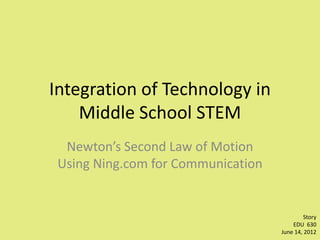 Integration of Technology in
    Middle School STEM
  Newton’s Second Law of Motion
 Using Ning.com for Communication


                                             Story
                                        EDU 630
                                    June 14, 2012
 