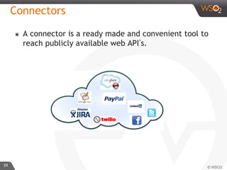 ๏  A connector is a ready made and convenient tool to
reach publicly available web API s.	

23	

Connectors 	

 