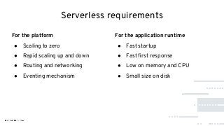 Serverless requirements
For the platform
● Scaling to zero
● Rapid scaling up and down
● Routing and networking
● Eventing mechanism
For the application runtime
● Fast startup
● Fast ﬁrst response
● Low on memory and CPU
● Small size on disk
 