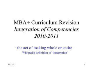 MBA+ Curriculum Revision
Integration of Competencies
2010-2011
- the act of making whole or entire Wikipedia definition of “Integration”

02/22/14

1

 