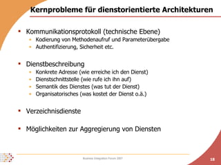 Kernprobleme für dienstorientierte Architekturen Kommunikationsprotokoll (technische Ebene) Kodierung von Methodenaufruf und Parameterübergabe Authentifizierung, Sicherheit etc. Dienstbeschreibung Konkrete Adresse (wie erreiche ich den Dienst) Dienstschnittstelle (wie rufe ich ihn auf) Semantik des Dienstes (was tut der Dienst) Organisatorisches (was kostet der Dienst o.ä.) Verzeichnisdienste Möglichkeiten zur Aggregierung von Diensten 
