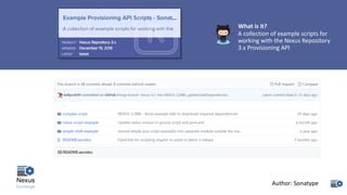 What	is	it?
A	collection	of	example	scripts	for	
working	with	the	Nexus	Repository	
3.x	Provisioning	API
Author:	Sonatype
 