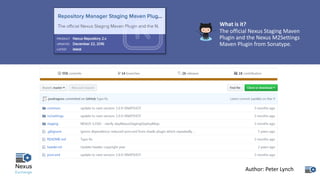 What	is	it?
The	official	Nexus	Staging	Maven	
Plugin	and	the	Nexus	M2Settings	
Maven	Plugin	from	Sonatype.
Author:	Peter	Lynch
 