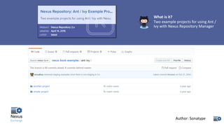 What	is	it?
Two	example	projects	for	using	Ant	/	
Ivy	with	Nexus	Repository	Manager
Author:	Sonatype
 