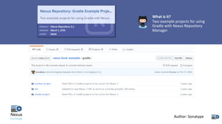 What	is	it?
Two	example	projects	for	using	
Gradle	with	Nexus	Repository	
Manager
Author:	Sonatype
 