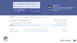 What	is	it?
An	example	script	for	uploading	to	a	
Nexus	Repository	- Raw	Hosted	
Repository
Author:	Sonatype
 