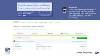 What	is	it?
These	are	bare	bones	bash	scripts	to	
import	a	Nexus	2	Maven,	NuGet	or	
npm	repository	(and	likely	other	file	
system	based	repos)	into	Nexus	
Repository	3.
Author:	Jeffry	Hesse
 
