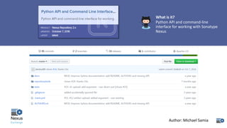 What	is	it?
Python	API	and	command-line	
interface	for	working	with	Sonatype	
Nexus
Author:	Michael	Samia
 