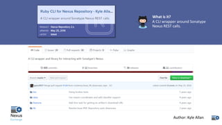 What	is	it?
A	CLI	wrapper	around	Sonatype	
Nexus	REST	calls.
Author:	Kyle	Allan
 