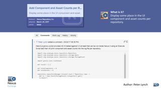 What	is	it?
Display	some	place	in	the	UI	
component	and	asset	counts	per	
repository.
Author:	Peter	Lynch
 
