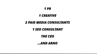 1 PR
1 CREATIVE
2 PAID MEDIA CONSULTANTS
1 SEO CONSULTANT
THE CEO
…AND ARNO
 