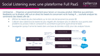 Social Listening avec une plateforme Full PaaS
L’entreprise …. Organise un grand évènement pour lancer un nouveau produit. Attentive aux premiers
feedbacks sur le produit, elle suit en direct les tweets le concernant via le hastag #...., souhaite analyser les
sentiments des tweets afin de :
 Afficher les tweets les plus bienveillants sur le mini-site de lancement du produit .
 Collecter dans SalesForce les tweets les plus négatifs afin d’analyser plus en détail les sous-jacents (réel
problème du produit, troll) en contactant le cas échéant la personne ayant émise le tweet.
 Sauvegarder quoiqu’il arrive les tweets dans une base de données noSQL pour des analyses futures.
Ecoute du hashtag
Evaluation du sentiment
Tweet
Créer Case
Tweet + Note
Envoi au mini-site
Envoi à SalesForce
Stockage dans no-SQL
Tweet quand la
note > 4
Tweet dans tous
les cas
Tweet quand la
note est <= 2
Tweet
Afficher Tweet
Sauvegarder Tweet
 
