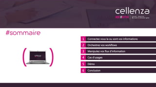 1 Connectez vous la ou sont vos informations
2 Orchestrez vos workflows
Manipulez vos flux d’information3
Cas d’usages4
Démo5
Conclusion6
 
