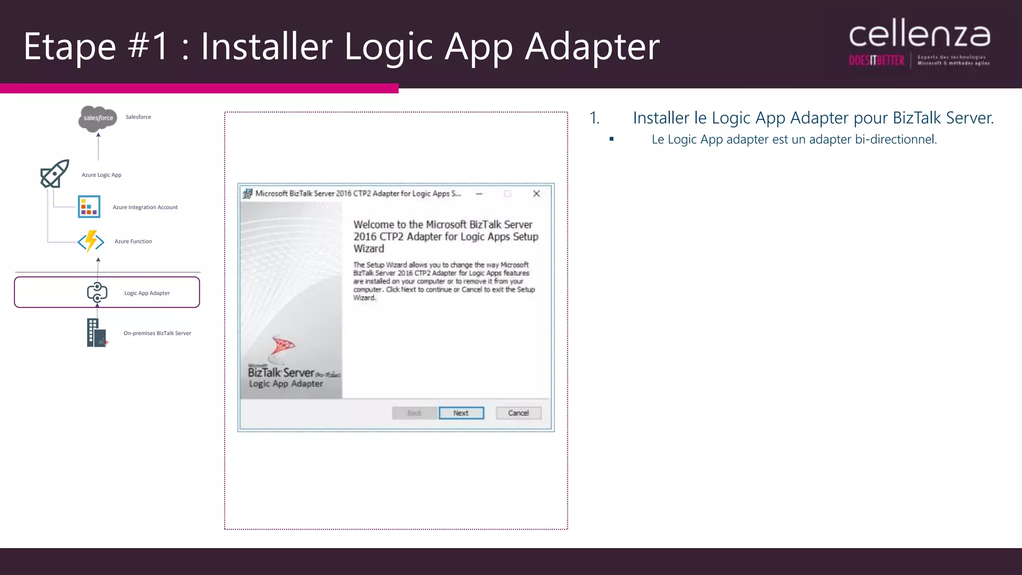 Etape #1 : Installer Logic App Adapter
1. Installer le Logic App Adapter pour BizTalk Server.
 Le Logic App adapter est un adapter bi-directionnel.
Salesforce
On-premises BizTalk Server
Logic App Adapter
Azure Logic App
Azure Integration Account
Azure Function
 