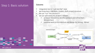 Тема доклада
Тема доклада
Тема доклада
.NET LEVEL UP
Step 1: Basic solution
.NET CONFERENCE #1 IN UKRAINE KYIV 2019
Outcome:
• Integration test in "unit test like" style
• we know basic interfaces, models, draft project structure
• we can "run" the solution!!!
• we can split work into at least 2 stream:
• protocol research to identify contracts and refine them -
IBitcoinClient
• continue work on architecture and design for mining - IMiner
 