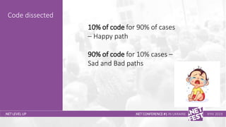 Тема доклада
Тема доклада
Тема доклада
.NET LEVEL UP
Code dissected
.NET CONFERENCE #1 IN UKRAINE KYIV 2019
10% of code for 90% of cases
– Happy path
90% of code for 10% cases –
Sad and Bad paths
 