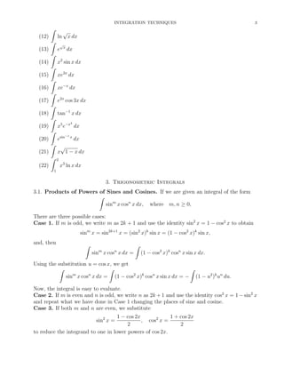INTEGRATION TECHNIQUES

ˆ
(12)
(13)
(14)
(15)
(16)
(17)
(18)
(19)

ˆ
ˆ
ˆ
ˆ
ˆ
ˆ
ˆ

3

√
ln x dx
√

e

x

dx

x2 sin x dx
xe2x dx
xe−x dx
e2x cos 3x dx
tan−1 x dx
2

ˆ

x5 e−x dx
−1

esin x dx
ˆ
√
(21)
x 1 − x dx
ˆ 2
(22)
x3 ln x dx
(20)

1

3. Trigonometric Integrals
3.1. Products of Powers of Sines and Cosines. If we are given an integral of the form
ˆ
sinm x cosn x dx, where m, n ≥ 0,
There are three possible cases:
Case 1. If m is odd, we write m as 2k + 1 and use the identity sin2 x = 1 − cos2 x to obtain
sinm x = sin2k+1 x = (sin2 x)k sin x = (1 − cos2 x)k sin x,
and, then

ˆ

ˆ
m

n

sin x cos x dx =

(1 − cos2 x)k cosn x sin x dx.

Using the substitution u = cos x, we get
ˆ
ˆ
ˆ
m
n
2
k
n
sin x cos x dx = (1 − cos x) cos x sin x dx = − (1 − u2 )k un du.
Now, the integral is easy to evaluate.
Case 2. If m is even and n is odd, we write n as 2k + 1 and use the identity cos2 x = 1 − sin2 x
and repeat what we have done in Case 1 changing the places of sine and cosine.
Case 3. If both m and n are even, we substitute
1 − cos 2x
1 + cos 2x
, cos2 x =
2
2
to reduce the integrand to one in lower powers of cos 2x.
sin2 x =

 