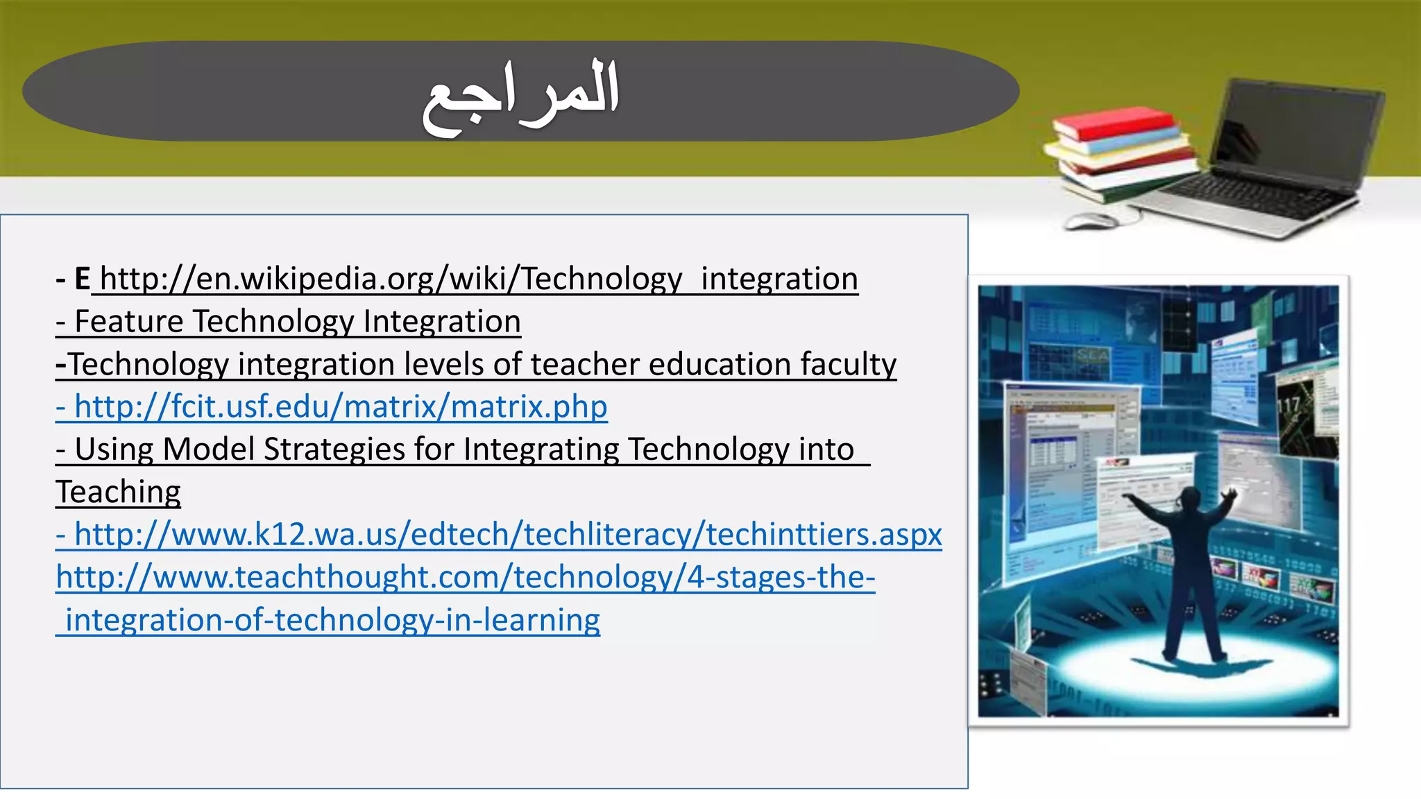 - E http://en.wikipedia.org/wiki/Technology_integration
- Feature Technology Integration
-Technology integration levels of teacher education faculty
- http://fcit.usf.edu/matrix/matrix.php
- Using Model Strategies for Integrating Technology into
Teaching
- http://www.k12.wa.us/edtech/techliteracy/techinttiers.aspx
http://www.teachthought.com/technology/4-stages-theintegration-of-technology-in-learning