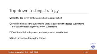 System Integration Test - Fall 2015
Top-down testing strategy
21/20
Test the top layer or the controlling subsystem first
Then combine all the subsystems that are called by the tested subsystems
and test the resulting collection of subsystems
Do this until all subsystems are incorporated into the test
Stubs are needed to do the testing.
 