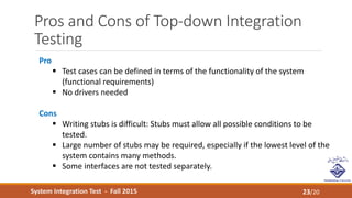 System Integration Test - Fall 2015
Pros and Cons of Top-down Integration
Testing
23/20
Pro
 Test cases can be defined in terms of the functionality of the system
(functional requirements)
 No drivers needed
Cons
 Writing stubs is difficult: Stubs must allow all possible conditions to be
tested.
 Large number of stubs may be required, especially if the lowest level of the
system contains many methods.
 Some interfaces are not tested separately.
 