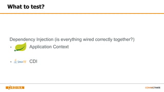 What to test?
Dependency Injection (is everything wired correctly together?)
▪ Application Context
▪ CDI
 